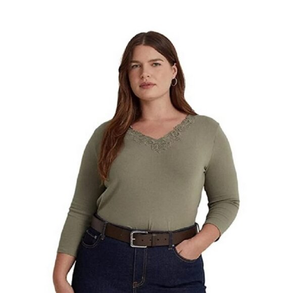 NWT Lauren Ralph Lauren Green Lace V-Neck Shirt, Size 3X, 3/4 Sleeves - Picture 7 of 7
